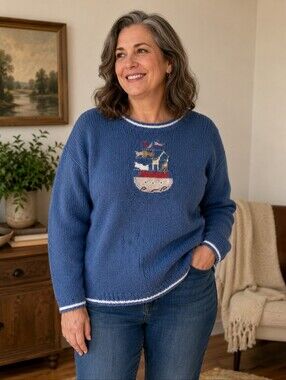 CJ Banks Vintage Hand Embroidered Ark Animal Sweater Size Medium*Blue Costal Art